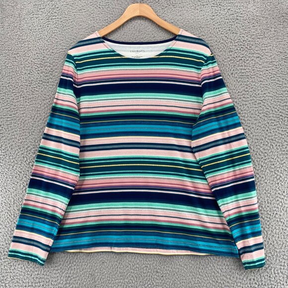 Talbots Top Womens Large Green Multi Striped Long Sleeve Stretch Pullover Tee - Picture 1 of 11
